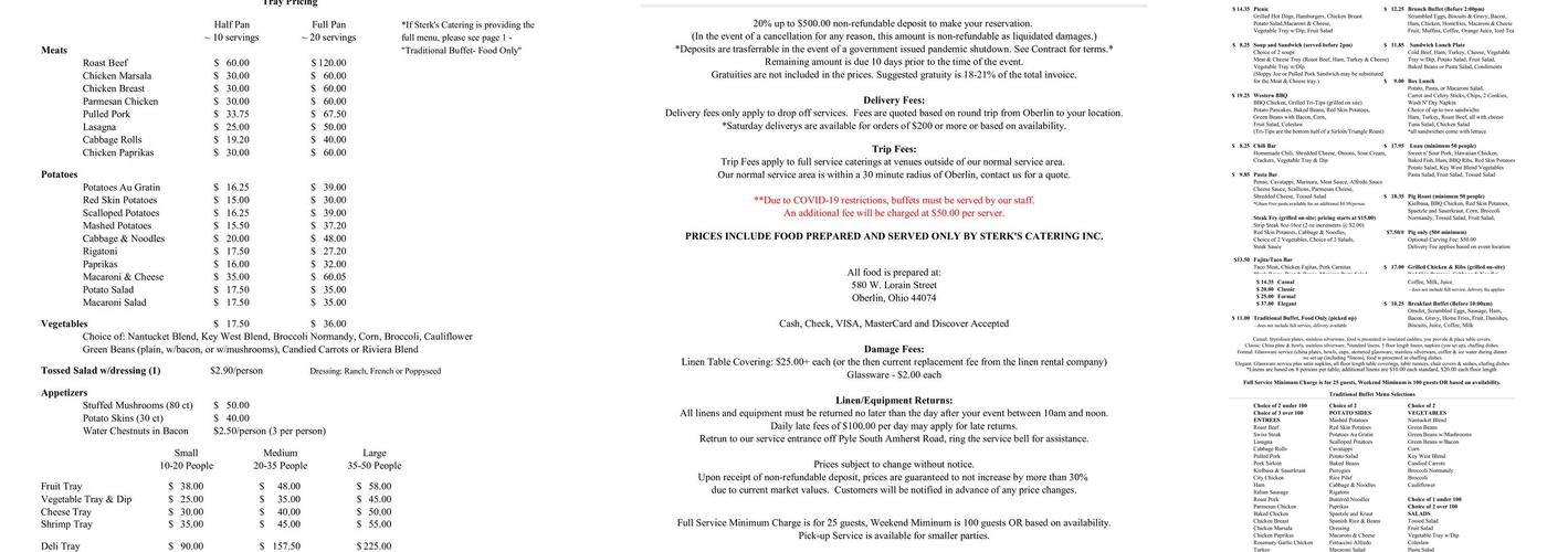 Sterk's Catering, Inc. Menu