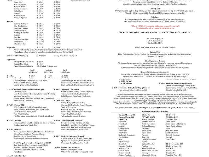 Sterk's Catering, Inc. Menu