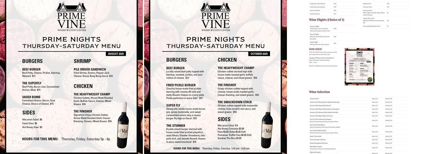Prime Vine Winery Menu
