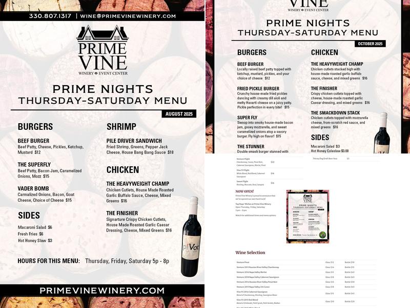 Prime Vine Winery Menu