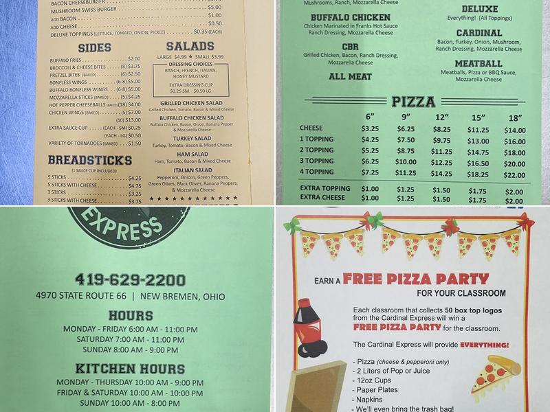 Cardinal Express Pizza Menu