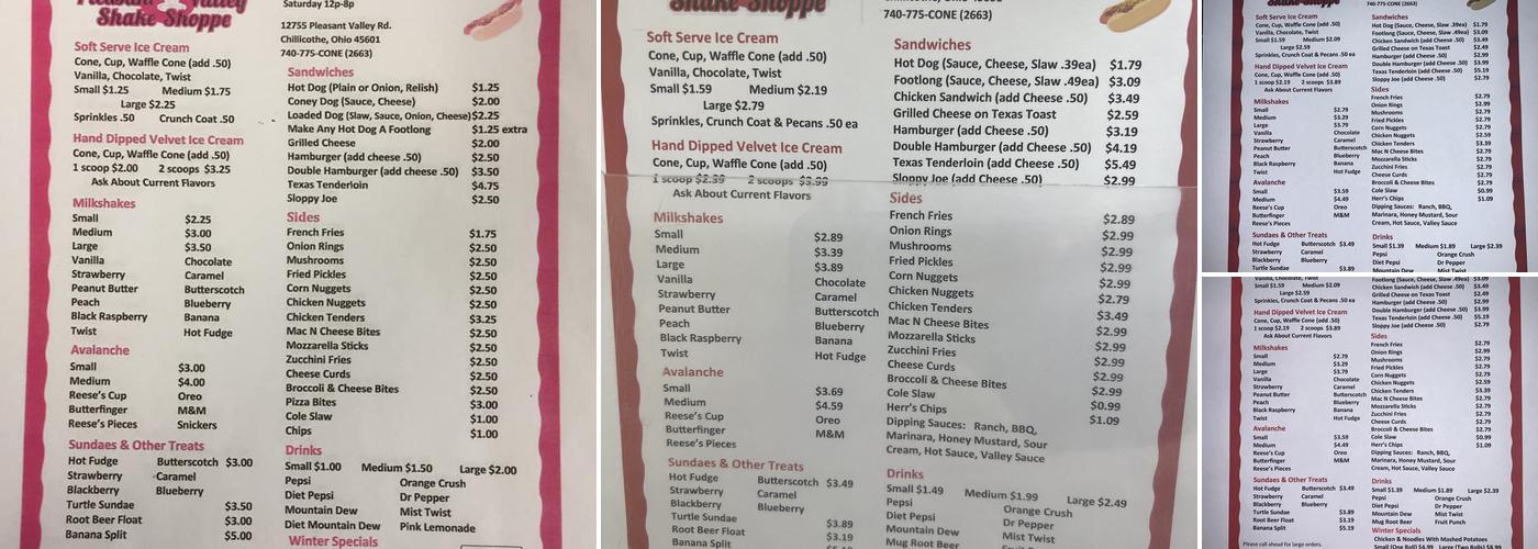 Pleasant Valley Shake Shoppe Menu