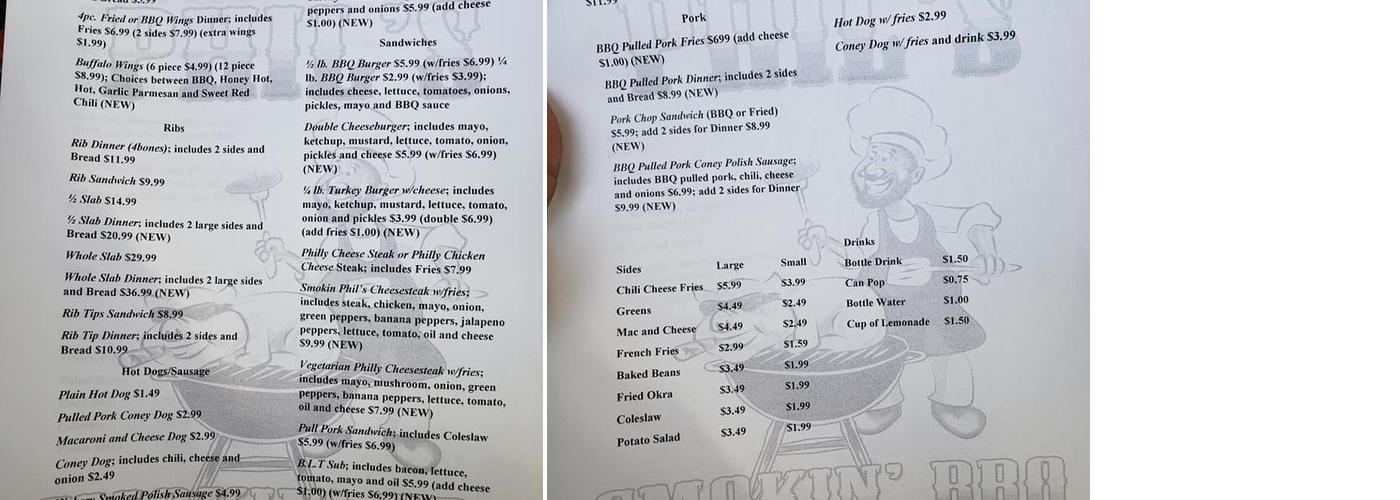 Phils Smokin BBQ Menu