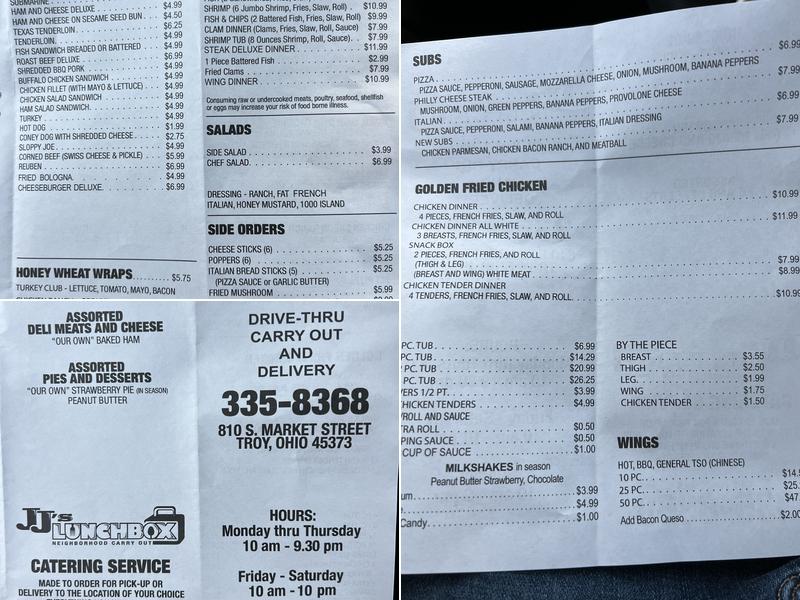 JJ’s Lunch Box Menu