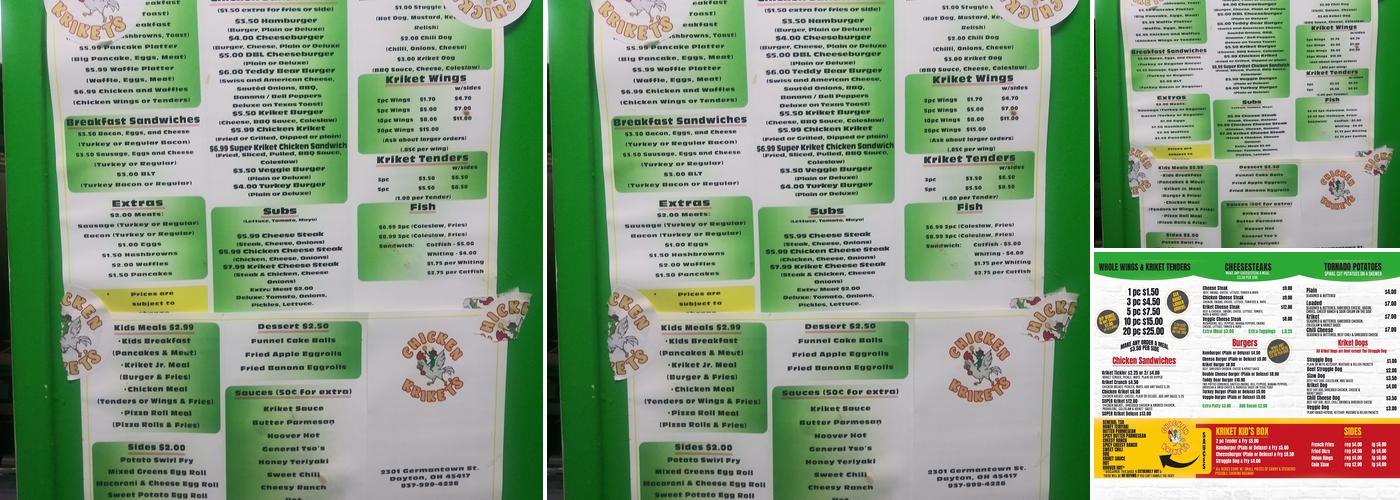 Chicken Kriket's Menu