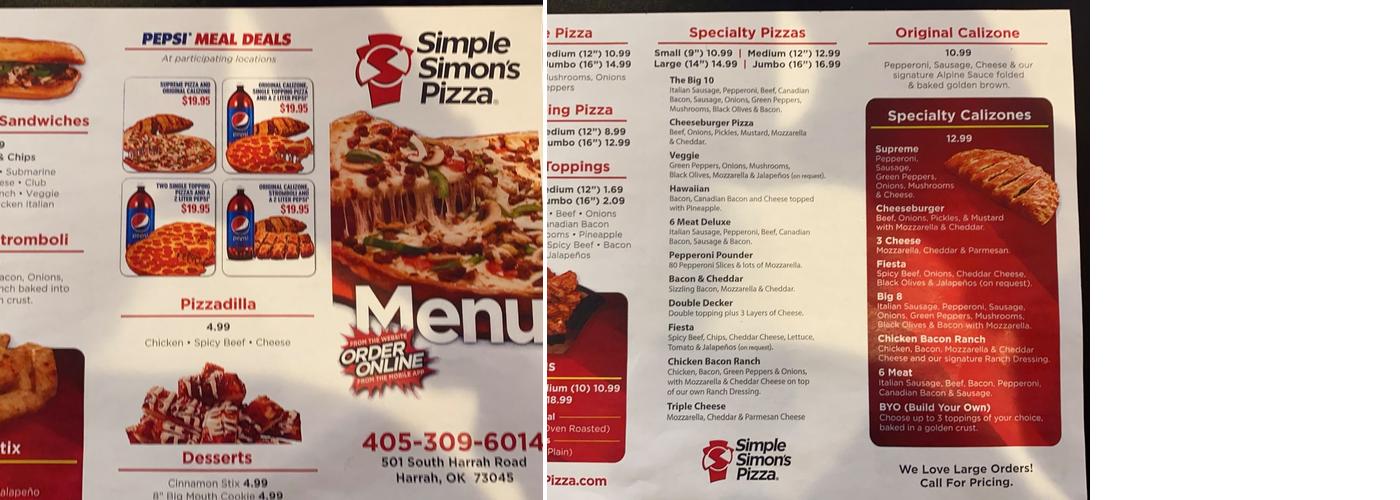Simple Simon's Pizza Menu