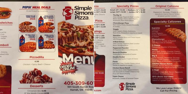 Simple Simon's Pizza Menu