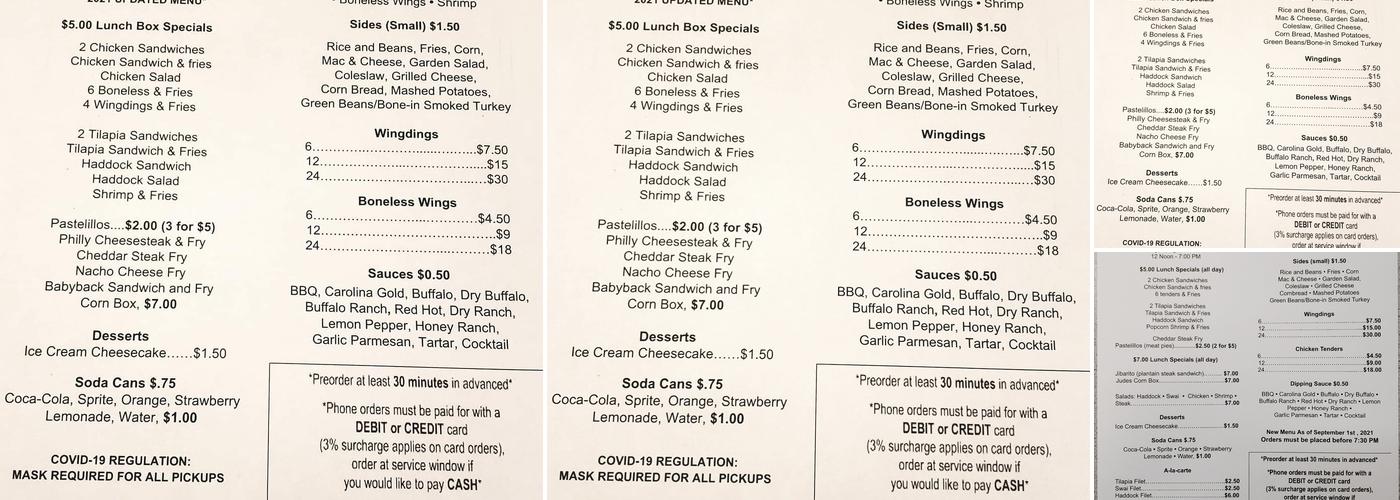 Jude's Chicken and Fish Menu