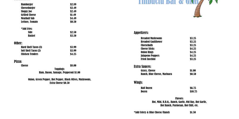 TinBucTu Bar & Grill Menu