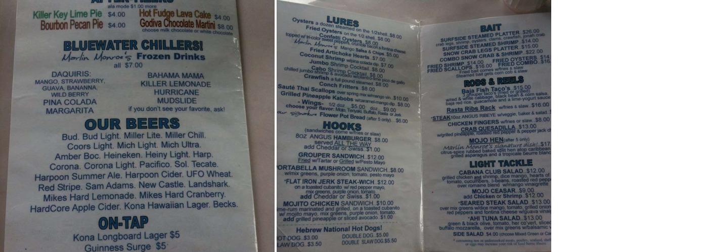 Beachside Colony Resort Menu