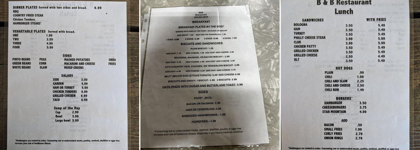B & B Restaurant Menu
