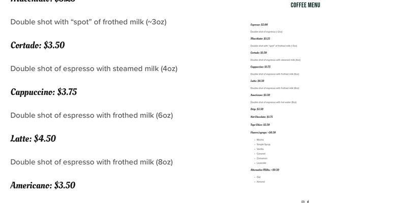 Velo Cafe - Coffee Bar Menu
