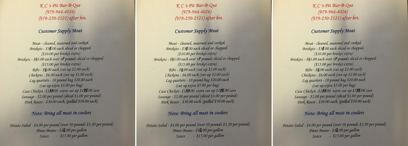 KC’s Pit Bar-B-Que Menu