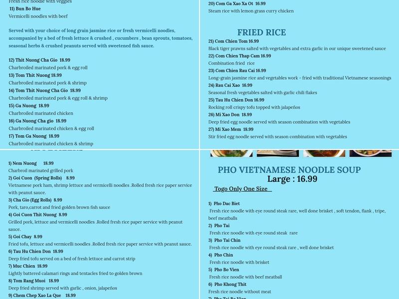 Pho Nguyen Restaurant Menu