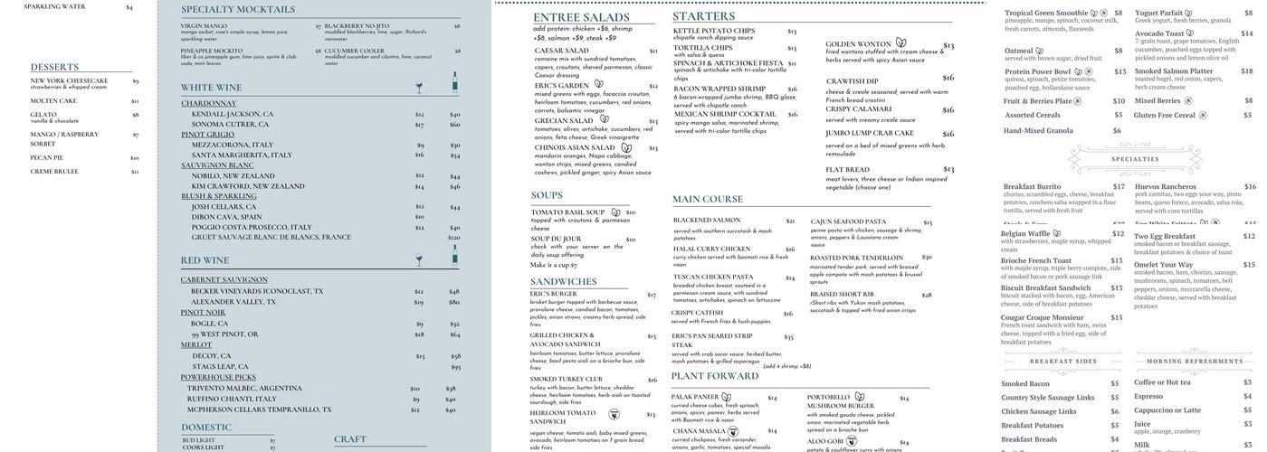 Eric's Restaurant Menu