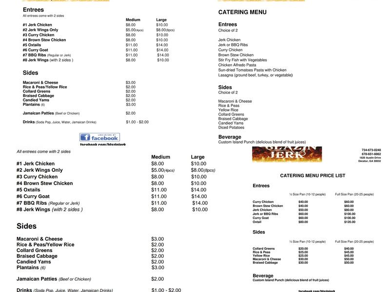 Blazin Jerk Menu