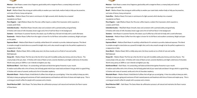 Utah Coffee Roasters Menu