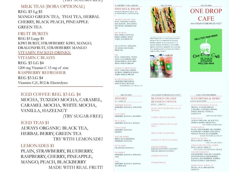 One Drop Cafe Menu