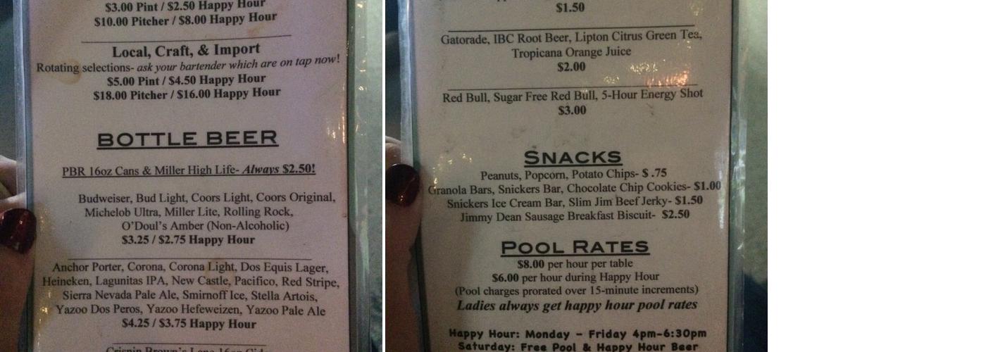 H-Cues Upstairs Poolroom Menu