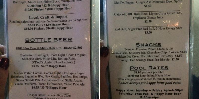 H-Cues Upstairs Poolroom Menu