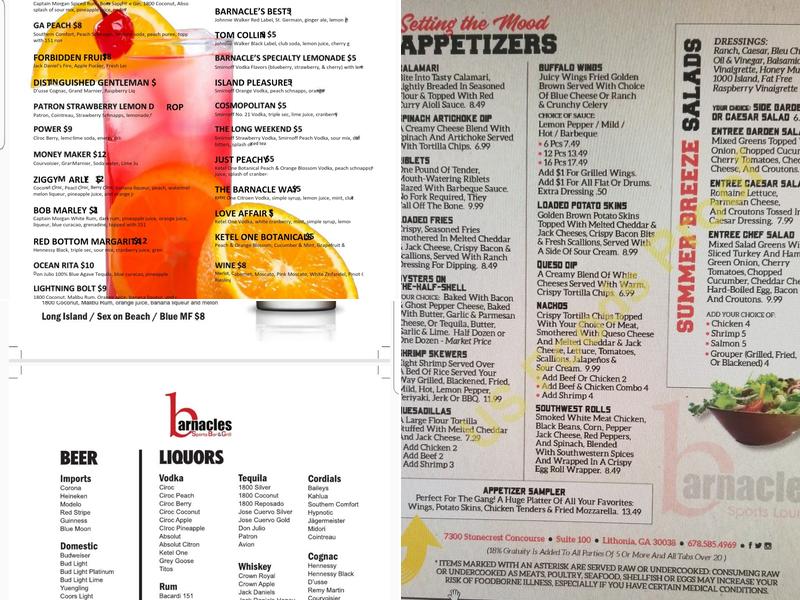 Barnacles Stonecrest Menu