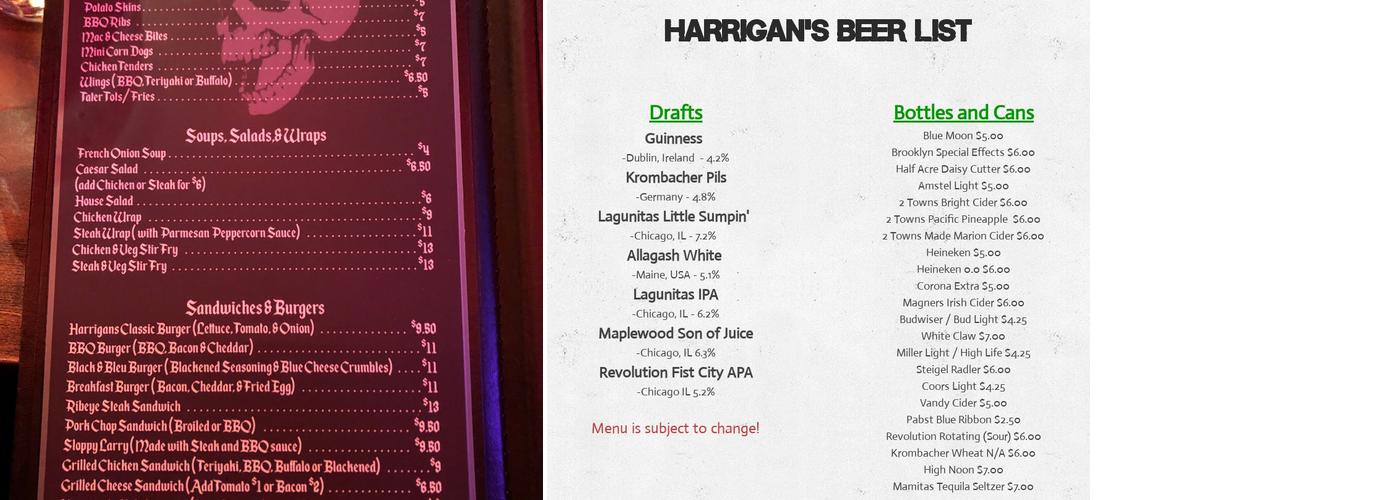 Harrigan's Menu