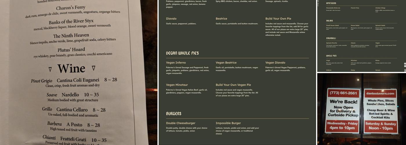 Dante’s Tavern Menu