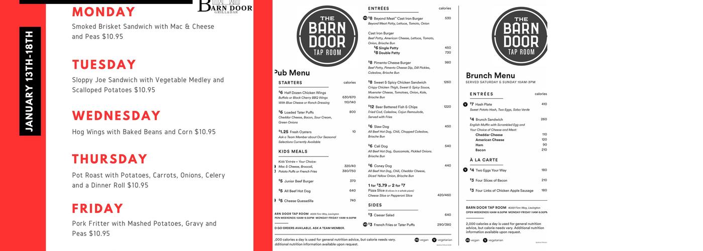 The Barn Door Tap Room Menu