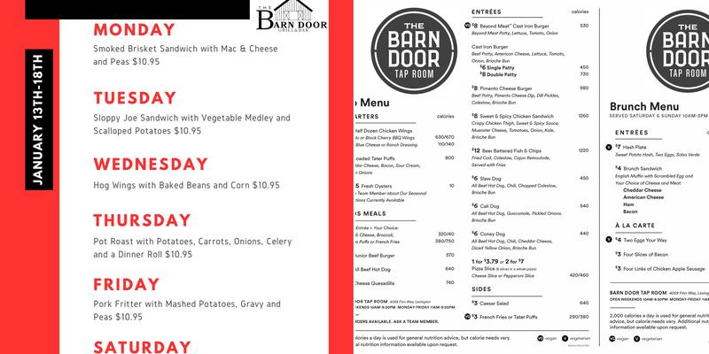 The Barn Door Tap Room Menu