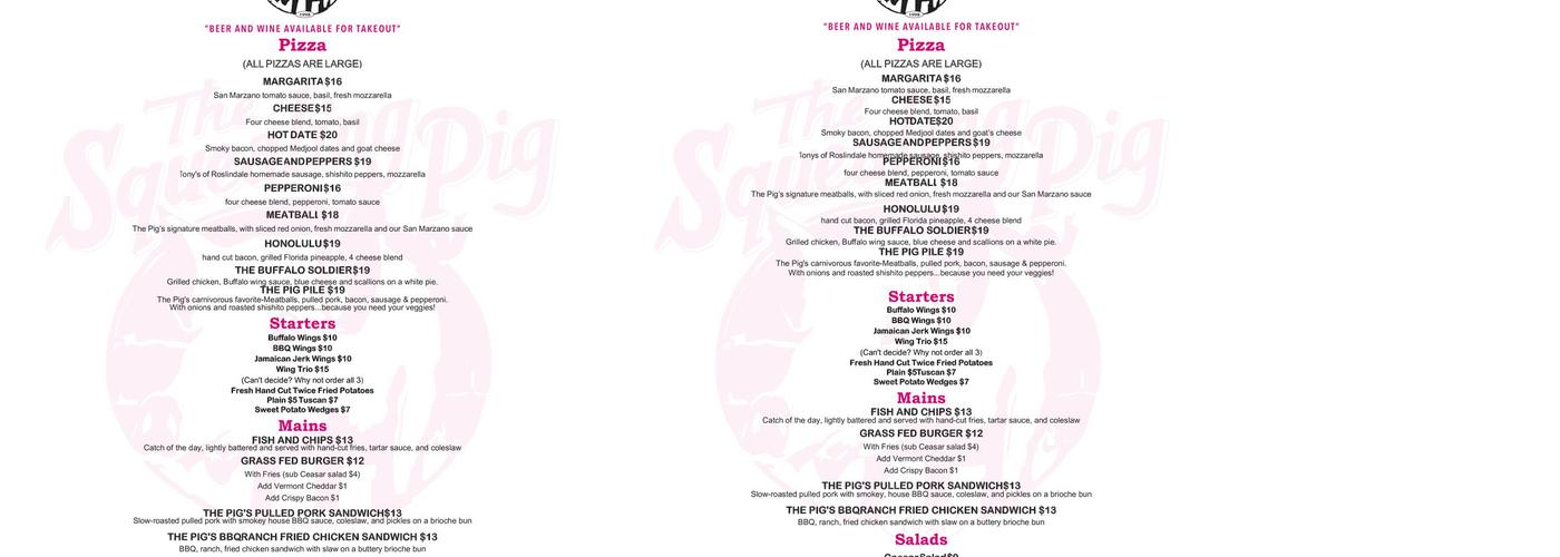 The Squealing Pig Menu