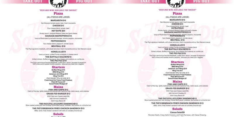 The Squealing Pig Menu