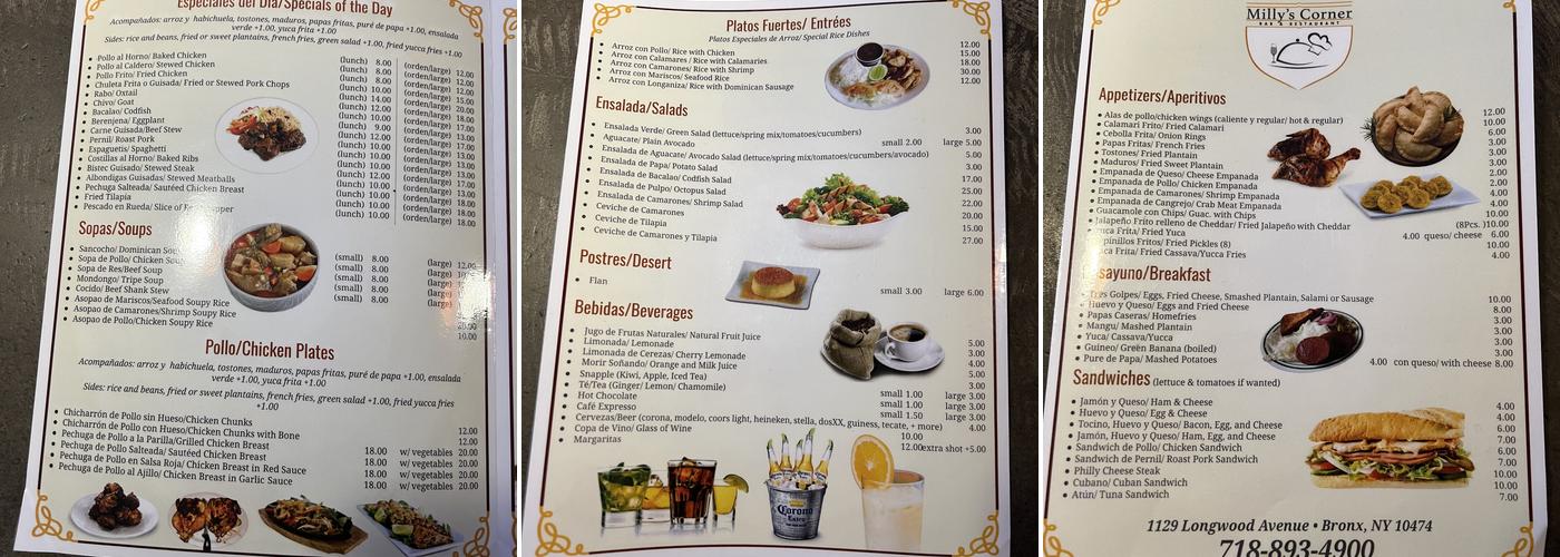 Milly's Corner Menu