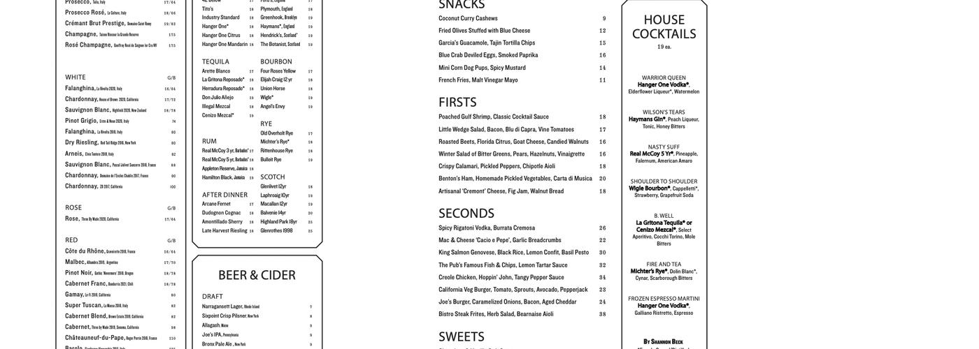 Joe's Pub Menu