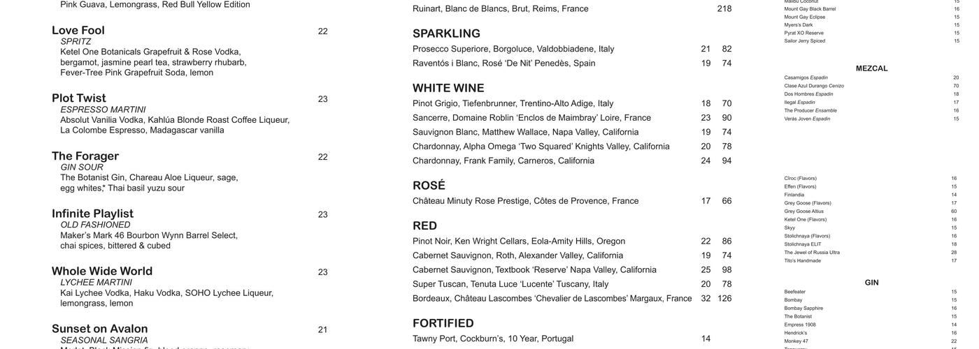 Eastside Lounge Menu