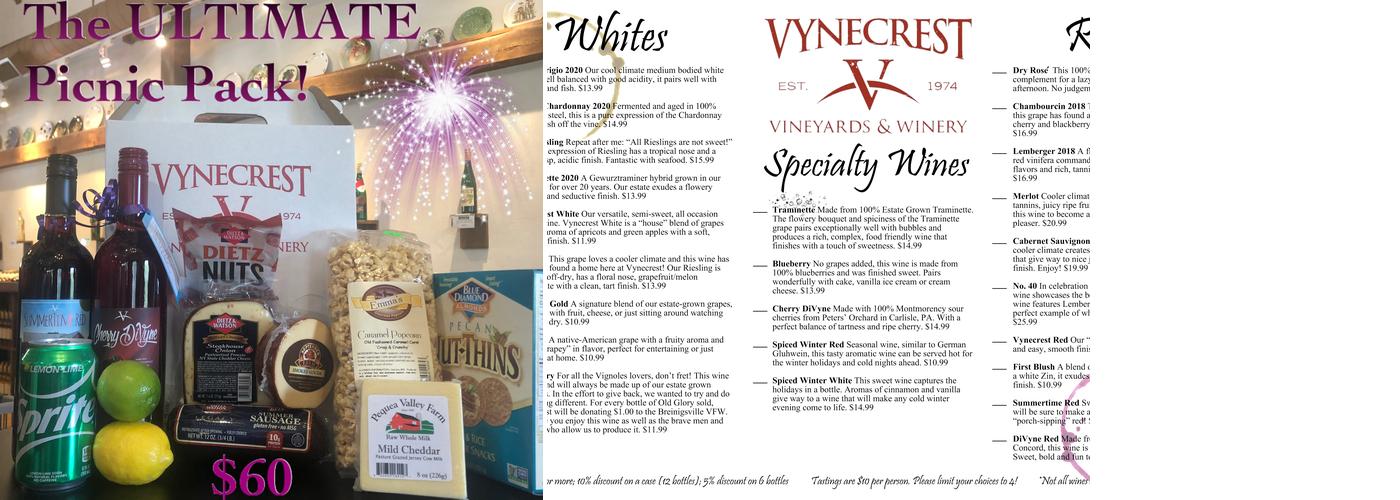 Vynecrest Winery Menu