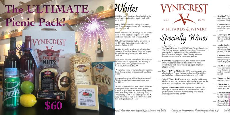 Vynecrest Winery Menu