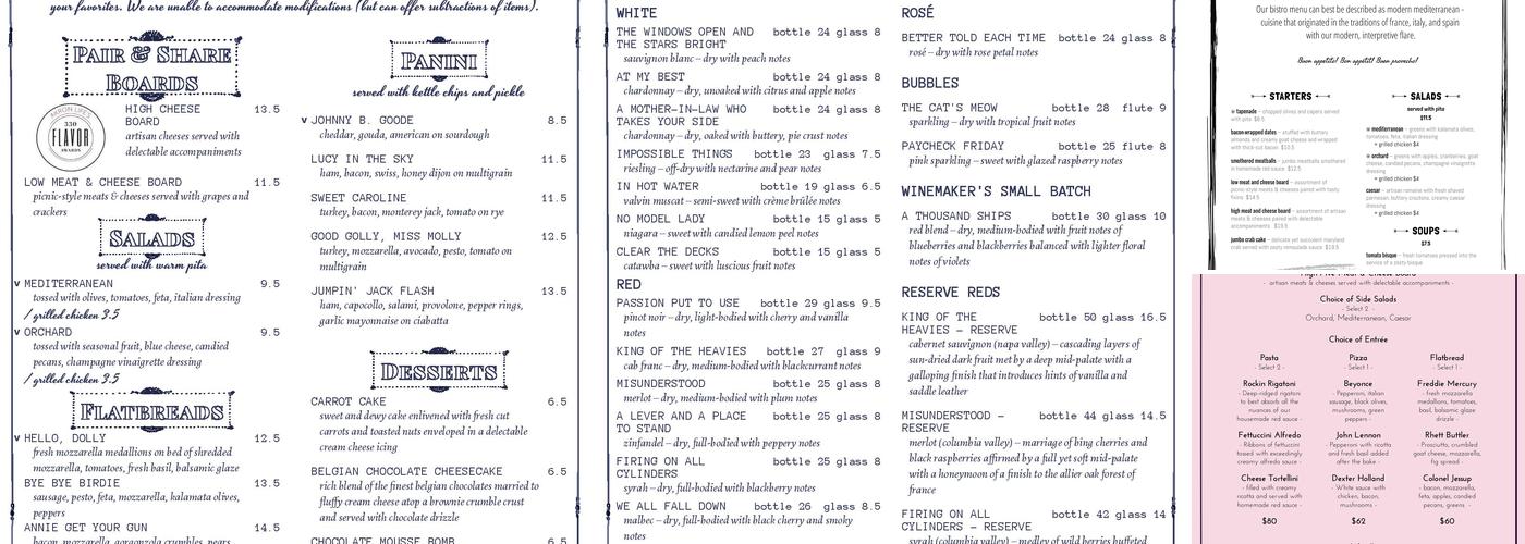 High & Low Winery + Bistro Menu