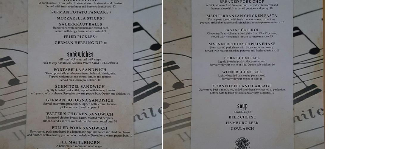 Columbus Maennerchor Menu