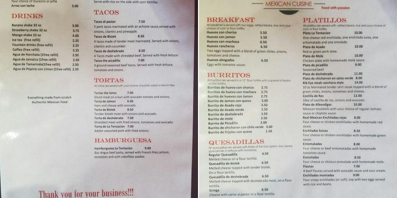 La Tentacion Bar Menu