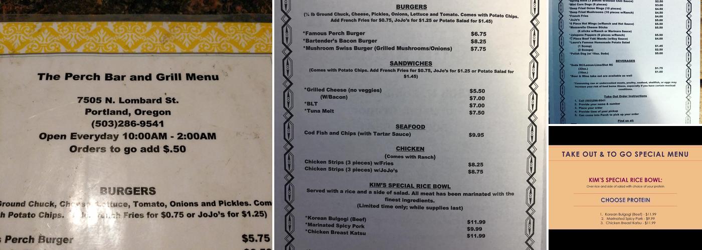 Perch Bar & Grill Menu