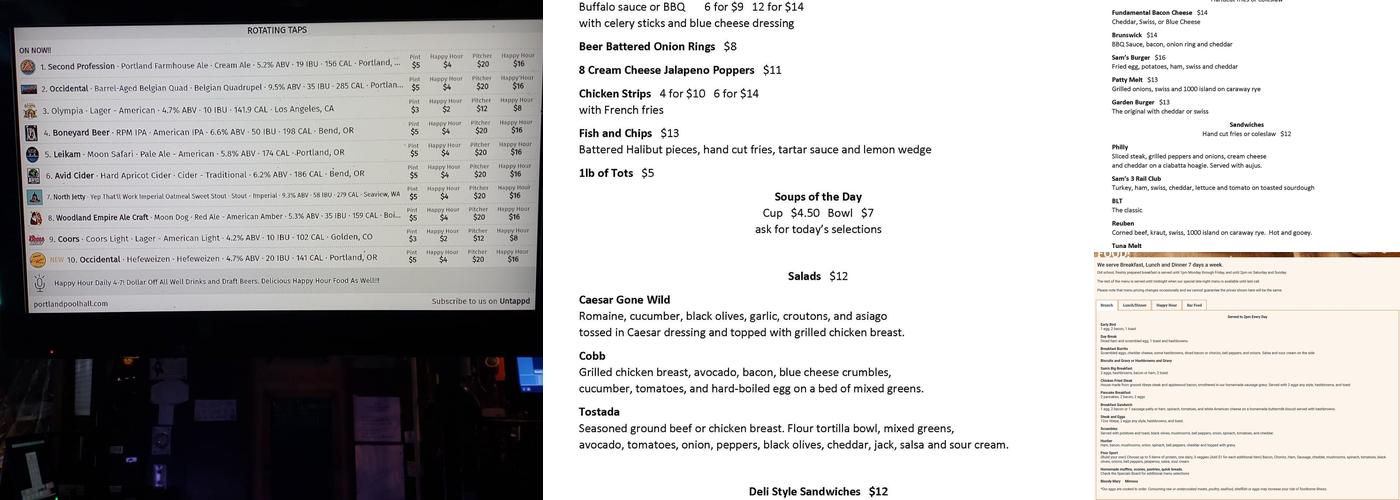 Sam's Hollywood Billiards Menu