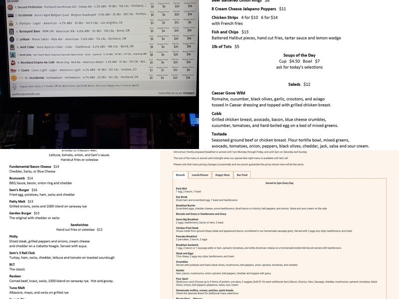 Sam's Hollywood Billiards Menu