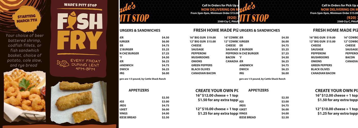 Wade's Pit Stop Menu