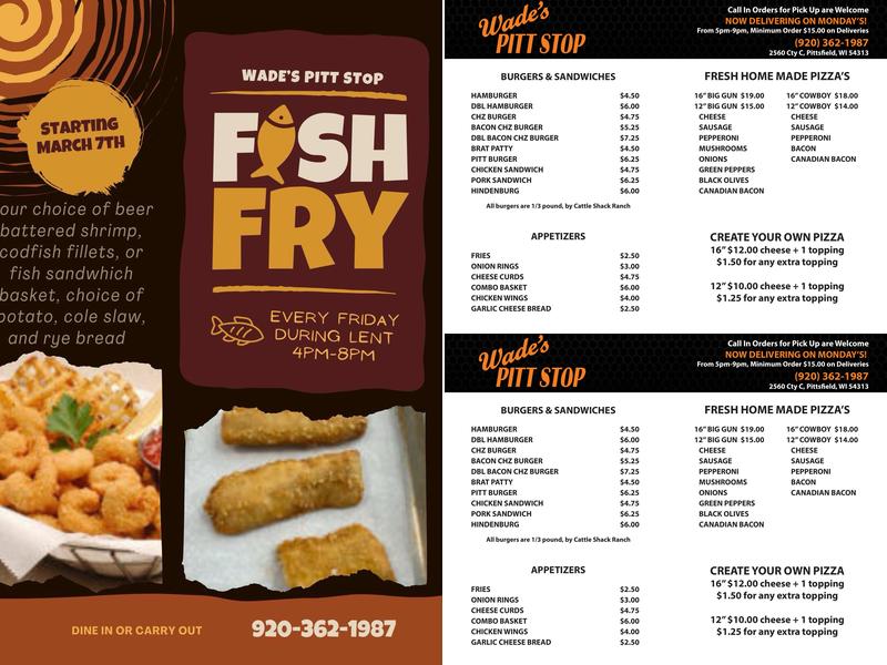 Wade's Pit Stop Menu