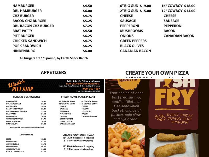 Wade's Pit Stop Menu