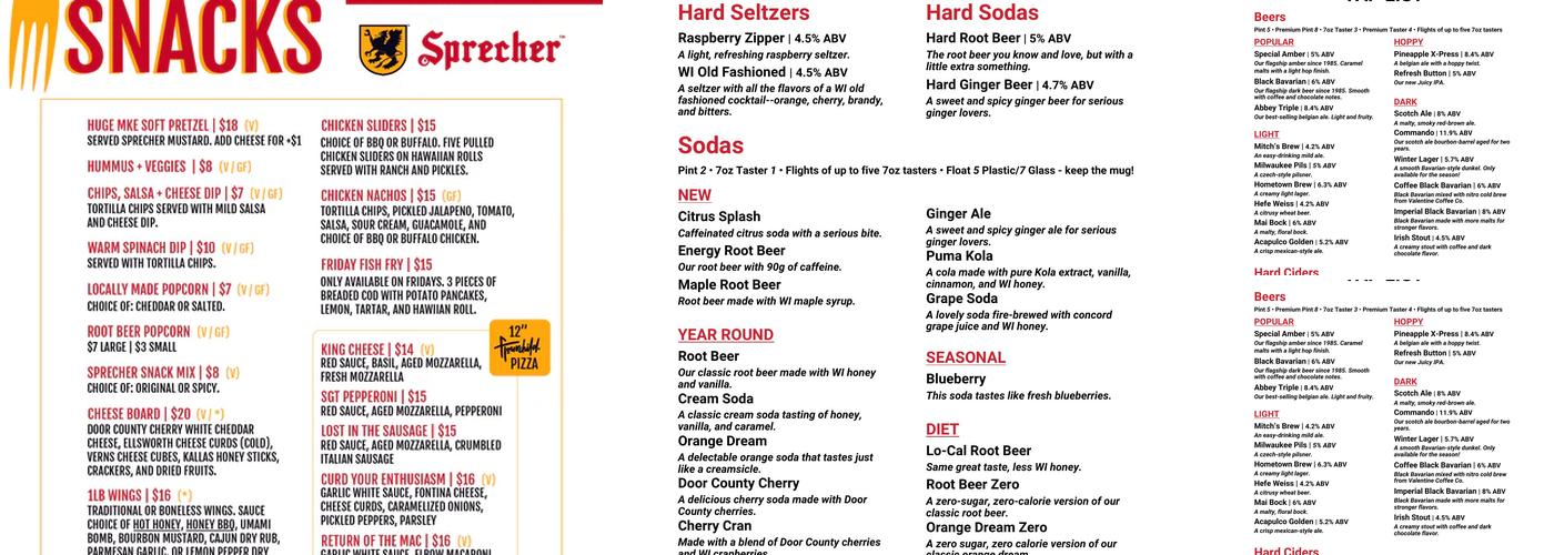Sprecher Brewing Co. Menu