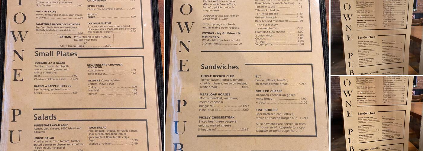 Towne Pub Menu