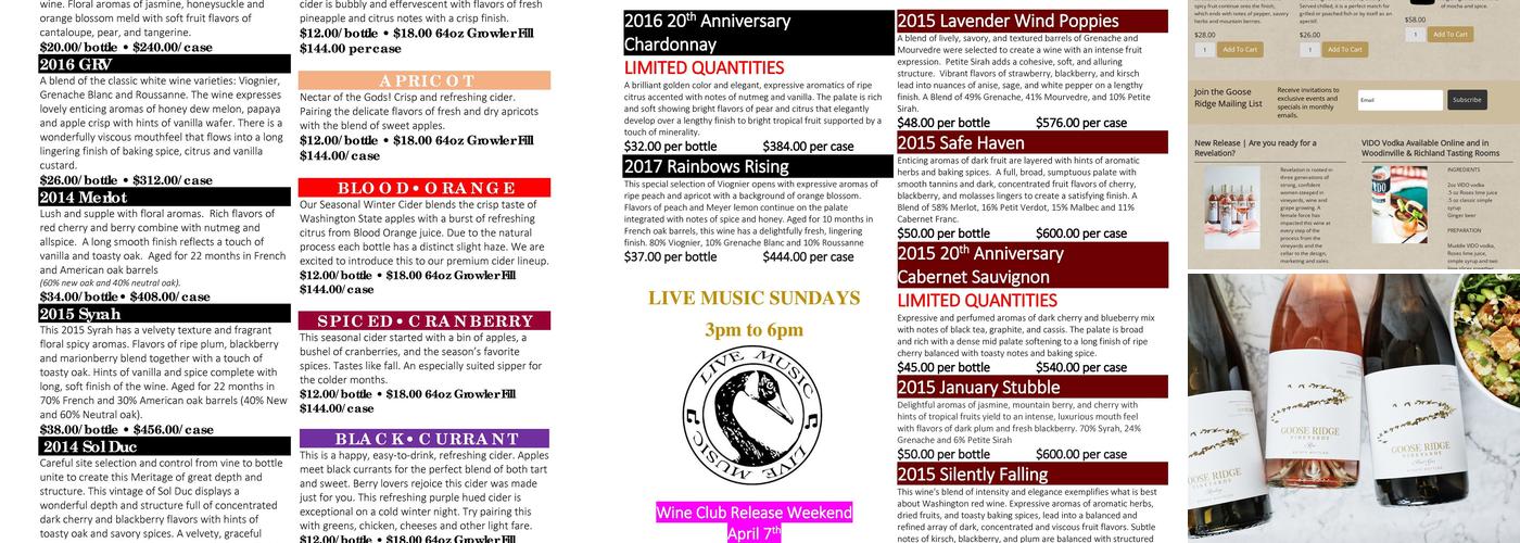 Goose Ridge Woodinville Tasting Room Menu