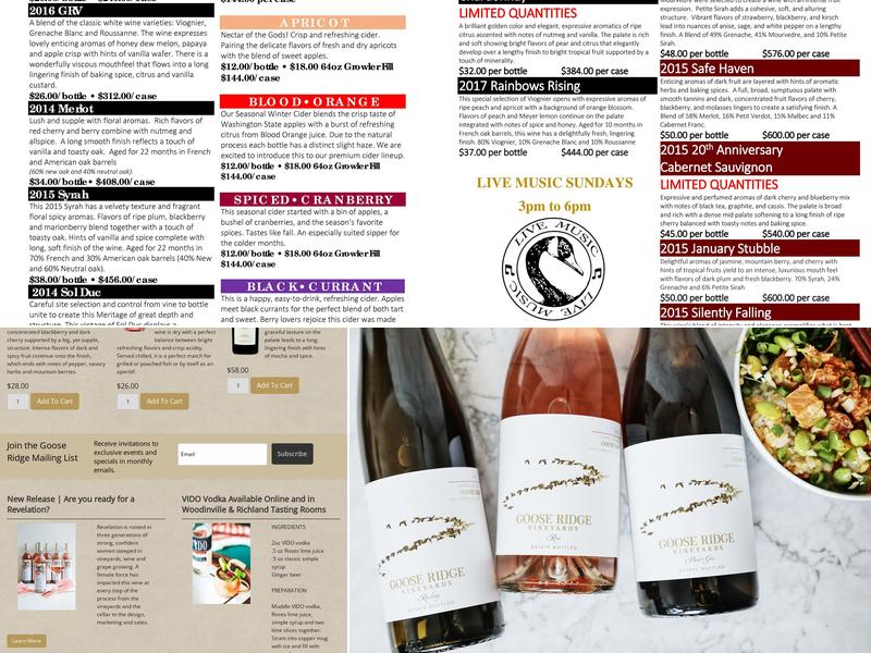 Goose Ridge Woodinville Tasting Room Menu