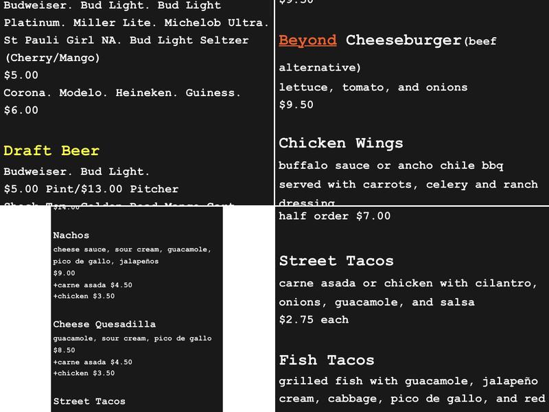 Pecs Bar Menu